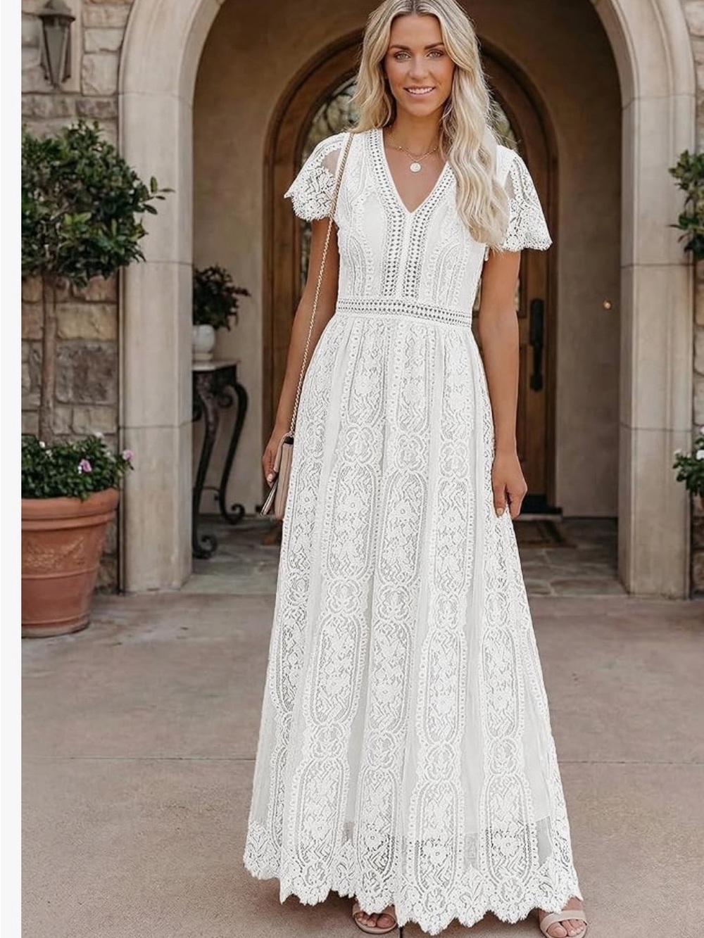 White Lace Maxi Dress with V-Neck and Short SleevesNWT MEROKEETY
